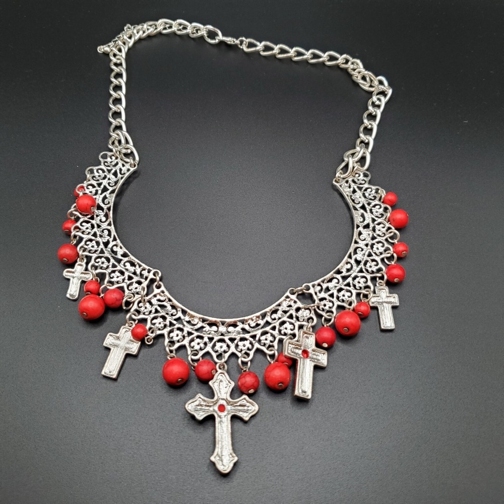 Red And Silvertoned Collar Necklace With 5 Cross Charms & Dyed Red Stone Dangles
